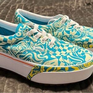 Vans Women's Platform Shoes - Blue and Yellow Pattern